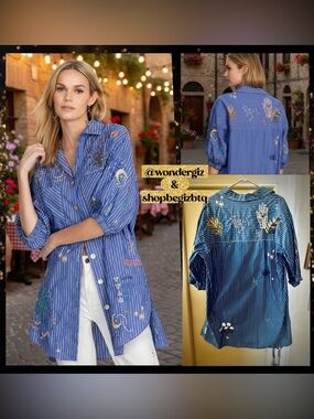 NWT Johnny Was Sezane Weekend Oversized Blue Striped Embroidered Tunic Large